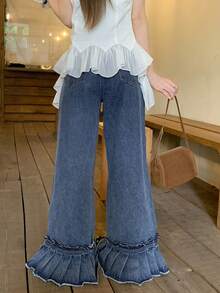 DAZY Quần jeans nữ kiểu Hàn Quốc dáng suông, có bèo nhún. - Màu xanh lam - Xem 8