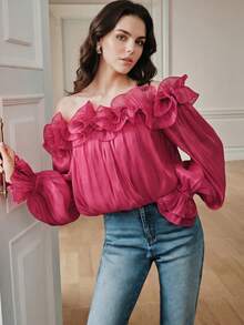 Anewsta Women's New Sexy Off Shoulder Asymmetrical Ruffle Collar Long Sleeve Cropped Top, Suitable For Valentine's Day, Dates, Vacation - Hot Pink - View 4