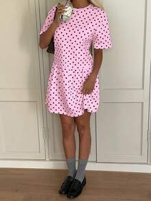 Vestido de verano para mujer, holgado, a rayas, con cuello de muñeca, informal, de manga corta, con lunares y de malla. - Rosa - Ver 3