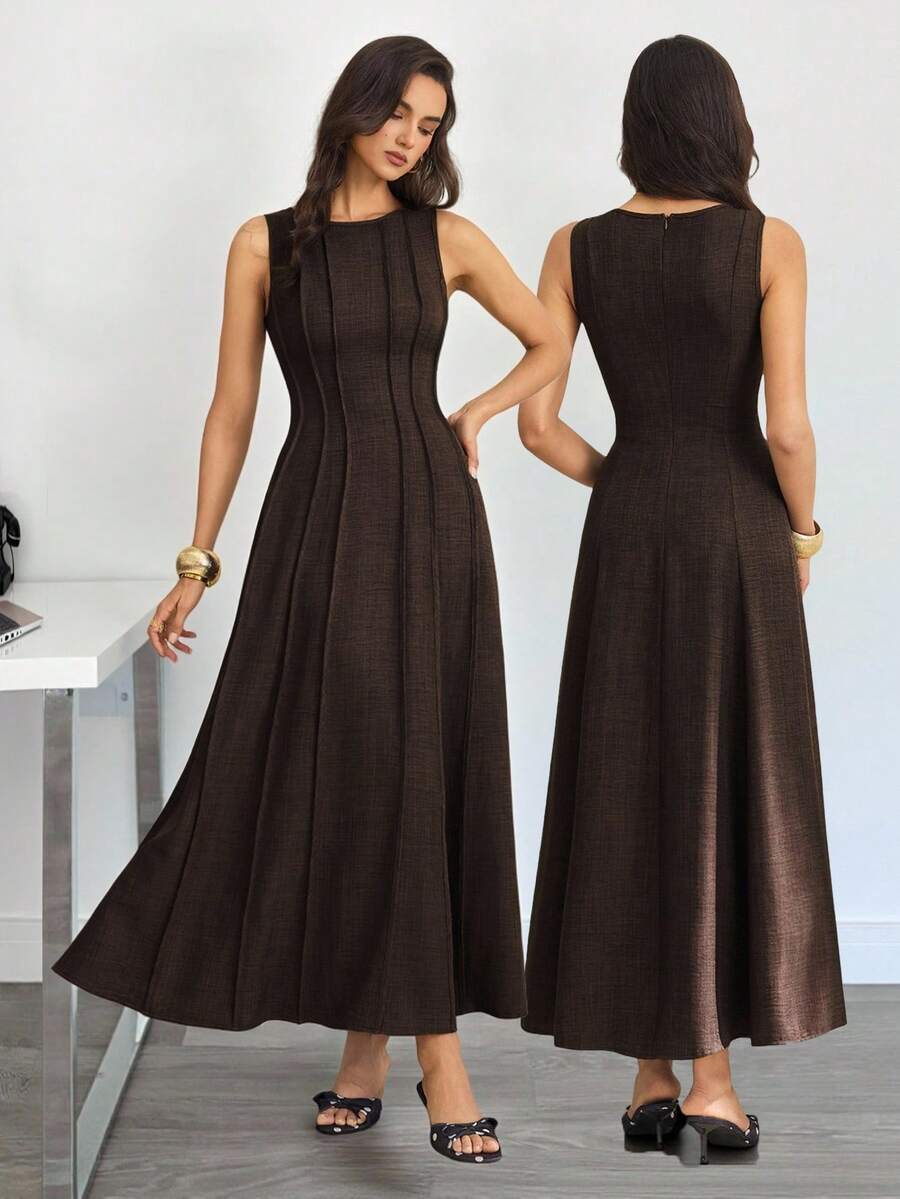 SHEIN Tall Đầm chữ A không tay xếp ly mùa hè mới, đầm thanh lịch dành cho nữ, đầm dự tiệc màu nâu thường ngày. - màu nâu - Xem 1