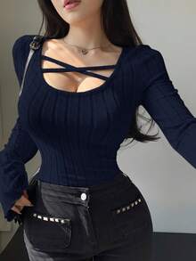 DAZY Cross Detail Long Sleeve T-Shirt - Navy Blue - View 4