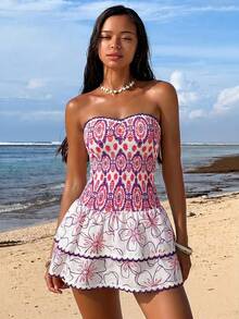 Swim Vcay Vestido tomara que caia com estampa boêmia, design delicado e elegante, cintura marcada e barra com babados. - Roxa - Ver 3