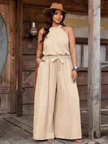 Nubod Plus Size Denim Effect Halter Top + Wide Leg Pants 2 Pieces Set - Khaki - View 5