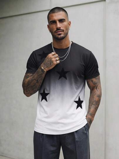 HIMLAND Camiseta casual de cuello redondo de manga corta con estampado de pentagrama para hombres