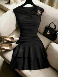 Franclia New Fashion Asymmetric Neck Sleeveless Ruched Waist Floral Decor Slim Fit Dress For Women - Black - View 1