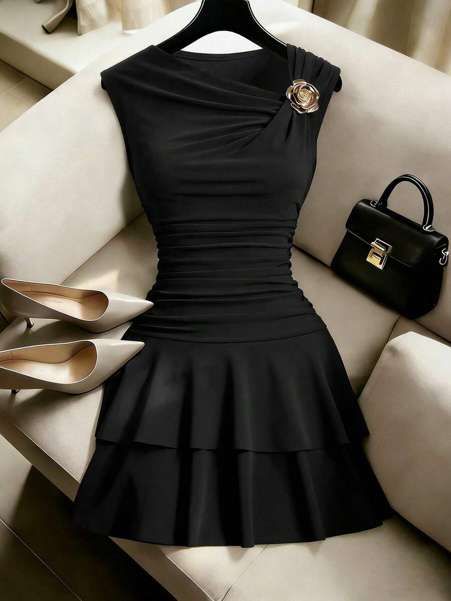 Franclia New Fashion Asymmetric Neck Sleeveless Ruched Waist Floral Decor Slim Fit Dress For Women - Black - View 1