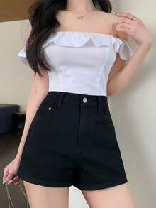 DAZY 女士高腰口袋休闲百搭牛仔短裤夏季 - 黑色 - 查看 6