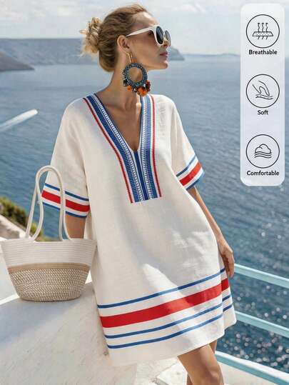 Balvessa Women's Summer Vacation Striped Print V-Neck Off-Shoulder Short Dress