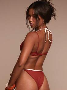 Musera Resort Bas de bikini à double couche avec clous, noués sur les côtés. Maillot de bain pour vacances, voyages, été et plage. Terra Sol Printemps - Rouge - Voir 4