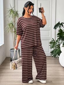 SHEIN EZwear 大码女式条纹印花圆领短袖T恤和休闲裤套装 - 棕色 - 查看 5