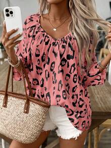 EMERY ROSE Women's Leopard Print Bohemian Style V-Neck Ruched Loose Blouse - Pink - View 5