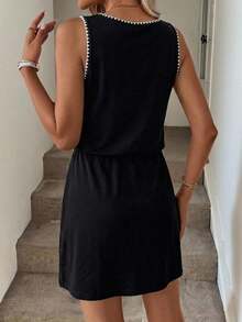 SHEIN LUNE Đầm ngắn 2 trong 1 màu đen thêu họa tiết tối giản phong cách đường phố, viền ren, thích hợp cho nữ mùa hè. - Nhiều màu - Xem 5