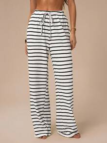 SHEIN PETITE CURVE Plus Size Women's Front Tie Striped Casual Pants, Suitable For Everyday Wear Fall - Black and White - View 7