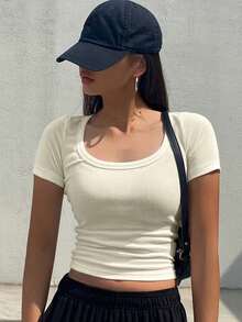 DAZY Solid Slim-Fit Short Sleeve Ribbed T-Shirt With Round Neck,Crop Tops Women - Beige - View 3
