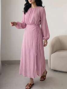 Solavon Women's Solid Color Pleated Casual Party Long Dress - Pink - View 6