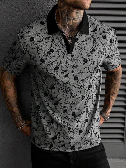 SLATEMANN Men's Casual Floral Pattern Polo Shirt With Turndown Collar, Summer