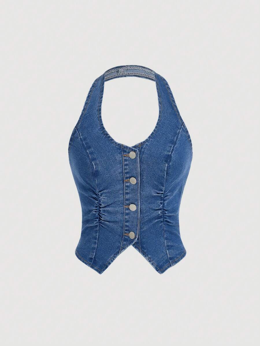 SHEIN ICON Y2K Blue Elastic Cropped Backless Halter Denim Vest Top - Medium Wash - View 1