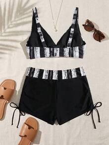 SHEIN Swim 女性成熟魅力條紋比基尼套裝 - 黑與白 - 查看 6