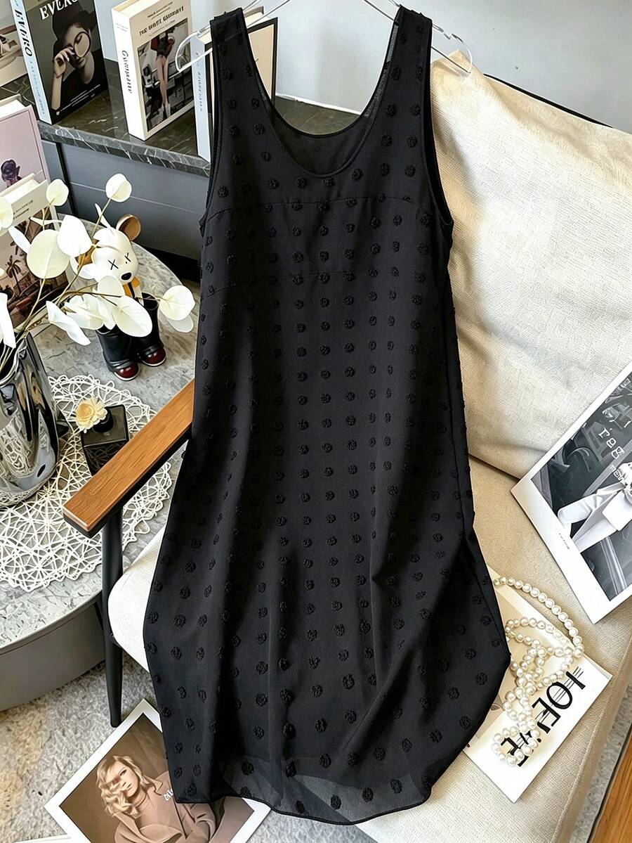 Franclia Vestido casual sin mangas con cuello en V y lunares negros en relieve para mujer - Negro - Ver 1