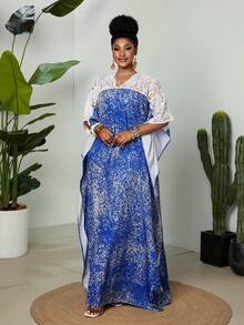 Maweii Plus Size Women White Lace Patchwork Dress, Batwing Sleeve Robe, Loose Long Dress, Cover Up Style Dress, Split Maxi Robe, Beach Holiday,Holiday Outfts For Women,Casuallong Dresses,Blue Dress - Blue - View 2