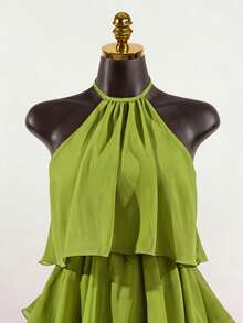 SaltGleam SaltGleam Women's Fashion Resort Ruffled Hem Halter Neck Tie Waist Dress - Green - View 5