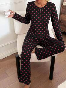 Heart Print Long Sleeve Top And Pants Pajama Set - Black - View 1