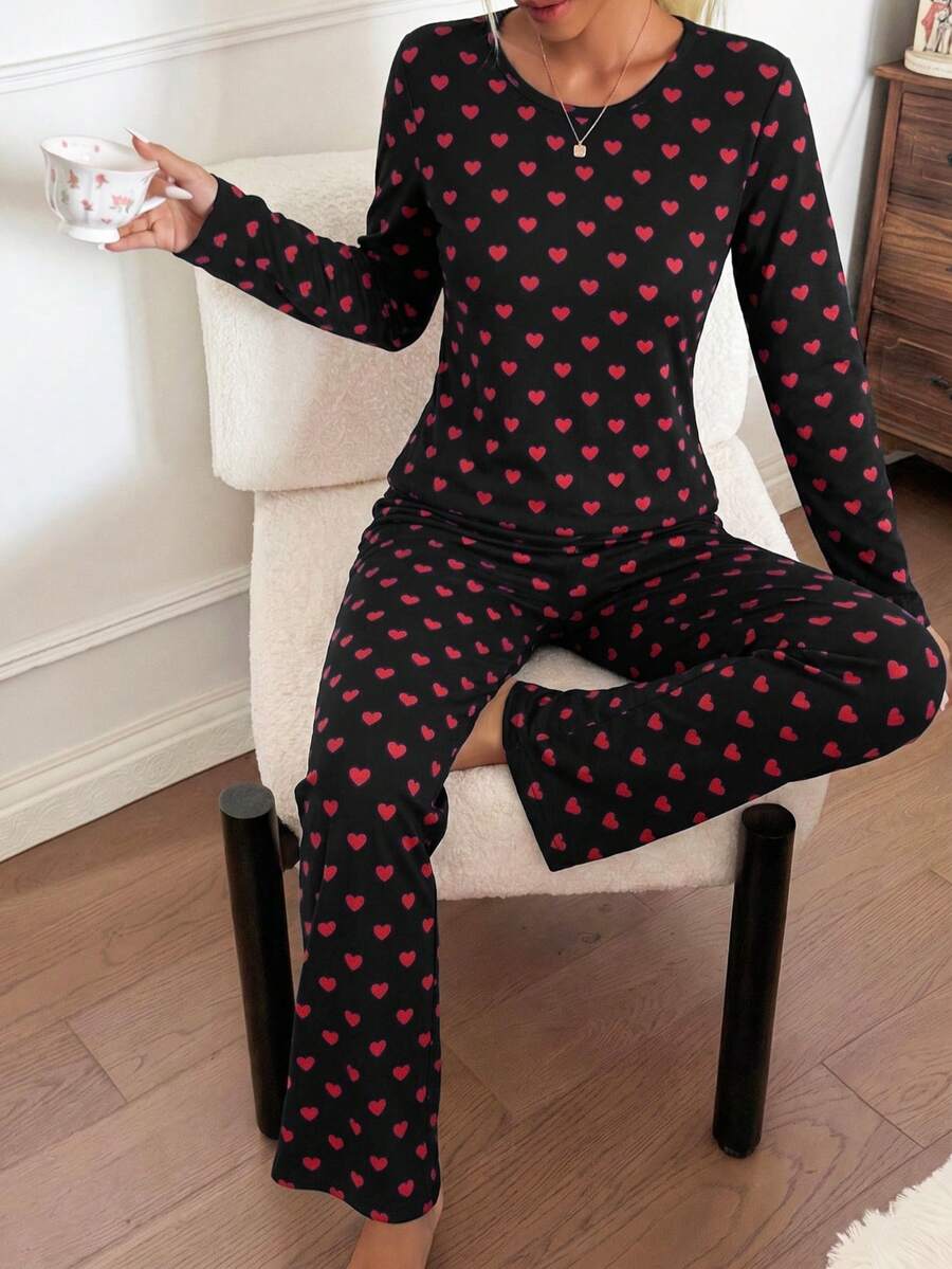 Heart Print Long Sleeve Top And Pants Pajama Set - Black - View 1