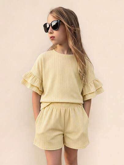SHEIN 2件套 少女圆领短袖条纹荷叶边袖T恤和条纹短裤