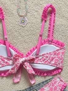 Swim Mod 2pcs/Set Girls' Special Fabric Pleated Floral Trim Tankini Top And Ruffled Trim Triangle Bottoms Swimwear - Multicolor - View 4