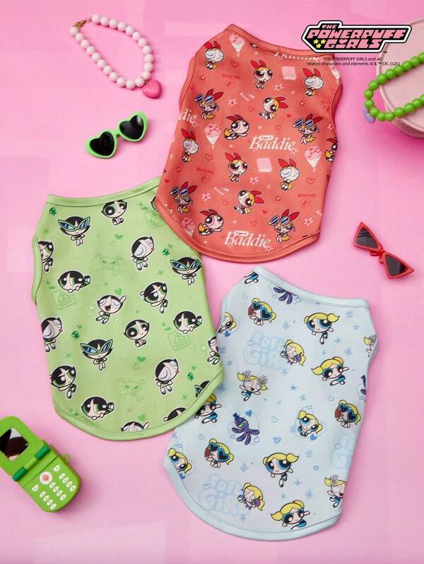 THE POWERPUFF GIRLS X PETSIN 3pcs Cute Big Eyed Girl Printed Casual Style Pet Vest Skin Friendly Breathable Pet Clothing