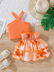 Bộ đồ thể thao mùa hè cho bé gái, gồm áo tank top không tay cổ yếm ôm sát và chân váy xếp ly họa tiết hoa nhiệt đới cạp chun, thích hợp cho kỳ nghỉ hè và các hoạt động dã ngoại. - trái cam - Xem 3