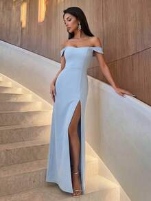 Firerie 露肩开叉大腿伴娘礼服优雅正式晚会舞会婚礼宾客礼服，适合毕业典礼、晚宴派对礼服 - 淺藍色 - 查看 4