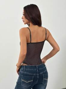 SHEIN PETITE Nuevo top de tirantes de malla con lunares negros y traje de baño a lunares - Negro - Ver 2
