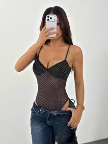SHEIN PETITE Nuevo top de tirantes de malla con lunares negros y traje de baño a lunares - Negro - Ver 3