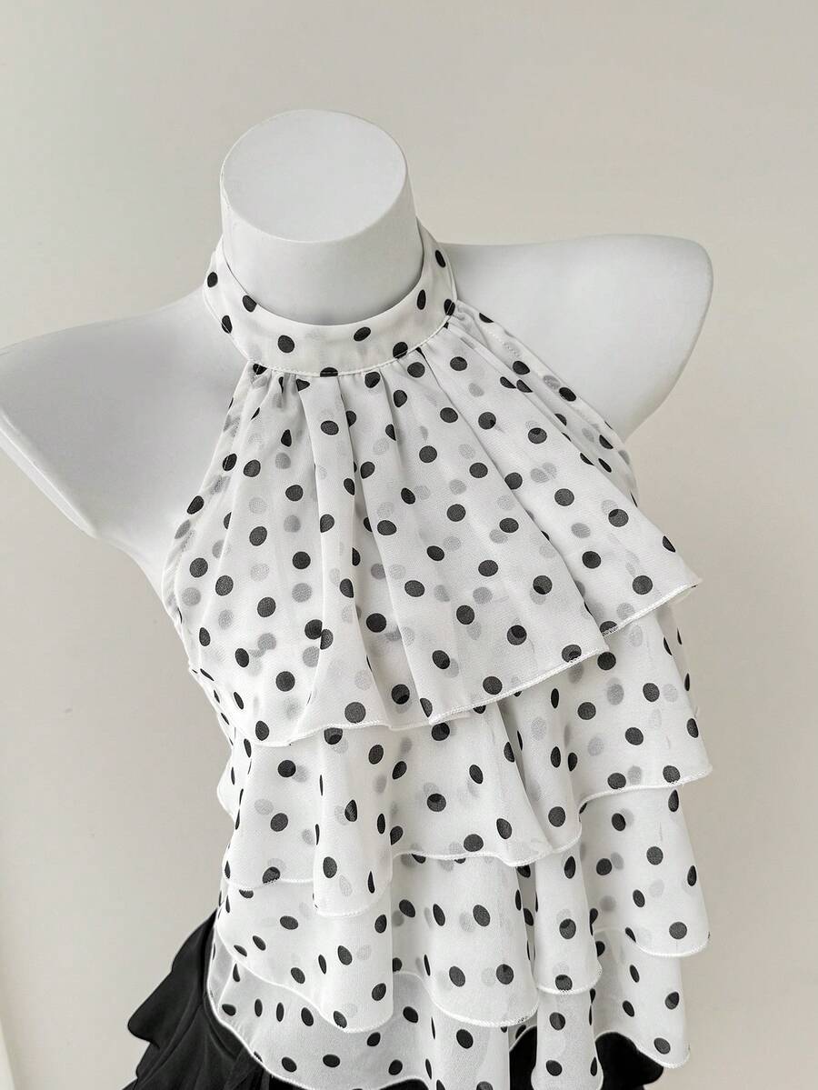 Elamini Women's Polka Dot Ruched Halter Neck Versatile Casual Top - White - View 1