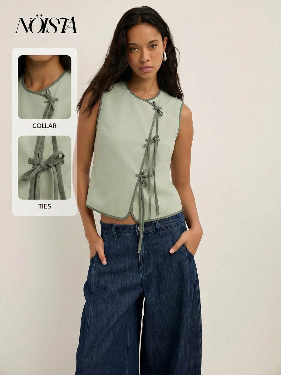 Nöista Áo tank top không tay tối giản dành cho nữ, có dây buộc phía trước, thích hợp cho mùa hè. - màu xanh lá - Xem 1