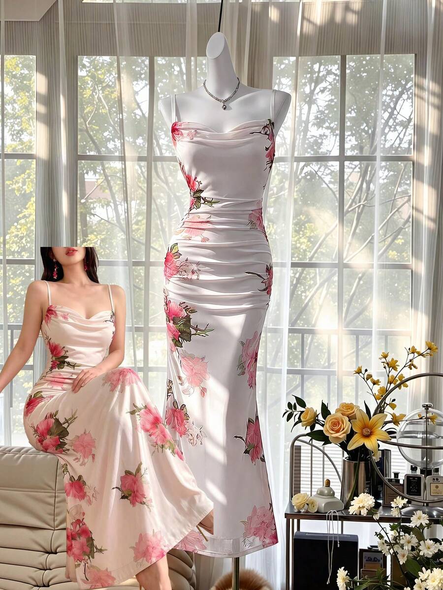 Celisse Đầm in hoa lãng mạn cho kỳ nghỉ, chất liệu lưới. - Đỏ và trắng - Xem 1