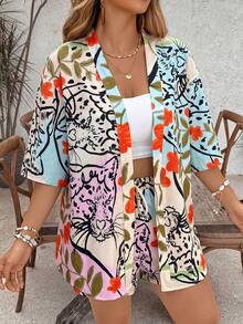 SHEIN VCAY Plus Size Women's Summer Beach Vacation Floral Print Loose Fit Kimono Top And Shorts 2-Piece Set - Multicolor - View 6