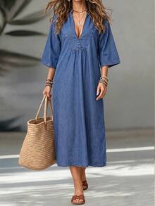 EMERY ROSE Women's Solid Color Drop Shoulder Short Sleeve Half-Placket Pleated Loose Denim Dress, Autumn Holiday Vacation Blue Boho - Blue - View 1