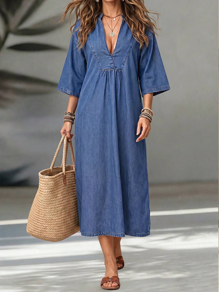 EMERY ROSE Women's Solid Color Drop Shoulder Short Sleeve Half-Placket Pleated Loose Denim Dress, Autumn Holiday Vacation Blue Boho - Blue - View 1