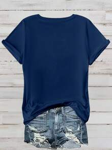 EMERY ROSE Women Daisy Print Round Neck Short Sleeve T-Shirt - Navy Blue - View 2