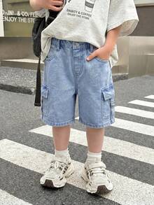SHEIN Little Byeori Quần short kaki đen dáng rộng dành cho bé trai - Rửa nhẹ - Xem 3