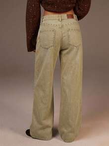 Athîral Denim Jeans anchos y sueltos de mujer con diseño de remaches y bolsillos - Marrón - Ver 1