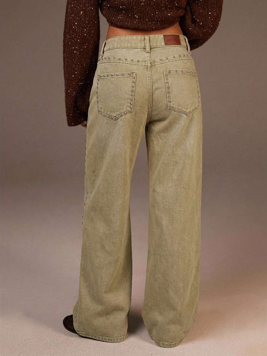 Athîral Denim Jeans anchos y sueltos de mujer con diseño de remaches y bolsillos - Marrón - Ver 1
