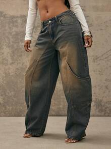 Denimoi Oversized Pocket Barrel Leg Jeans Fashionable Denim Barrel Leg - Medium Wash - View 3
