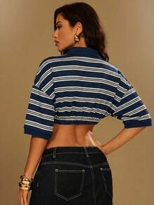 Denimoi Cropped Cinched Waist Striped Polo Shirt - Navy Blue - View 3