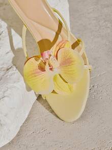 SHUZIA Women's -Heel Round Toe Orchid Floral-Decor Multi-Strap Satin Yellow Sandals – Elegant, Chic & Statement-Making - Yellow - View 6
