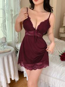 SHEIN 女士性感蕾丝吊带睡裙 - 酒紅色 - 查看 4