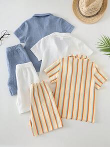 SHEIN 6件套男童可爱休闲条纹polo衫短裤套装，适合春夏假期、上学、日常穿着 - 彩色 - 查看 3