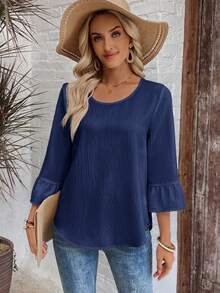 EMERY ROSE Women's Solid Color Round Neck Pleated Casual Versatile Daily Wear Blouse - Navy Blue - View 5